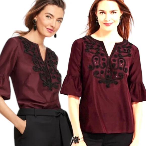 Women's Talbots RSVP Embellished Silk Blend Blouse Top, Burgundy, L - Picture 1 of 15